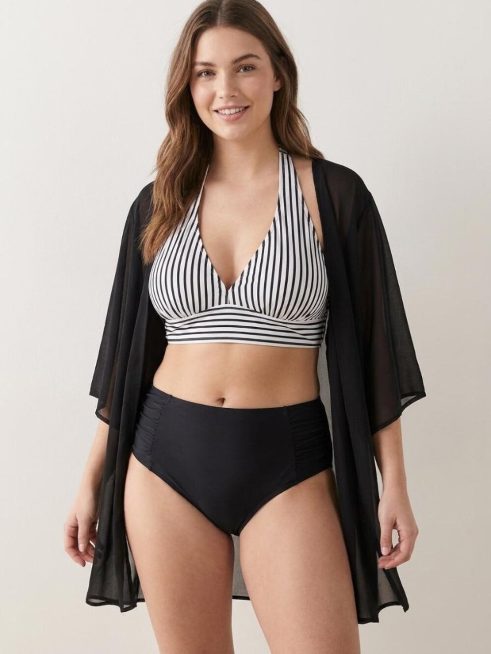 Striped XXL Halter Bikini Set Black White High Waisted Two Piece
